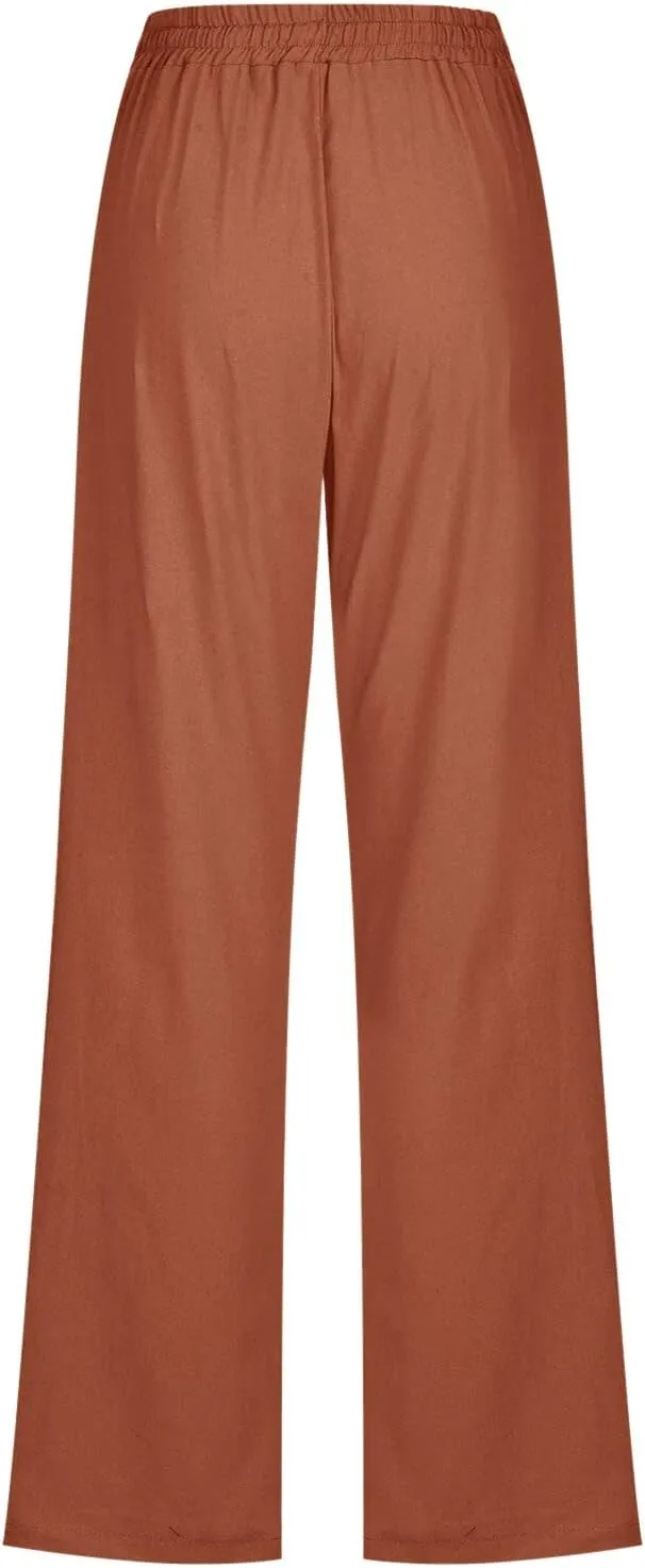 Straight Leg Pants For Women Long Cotton Linen Trouser Elastic High Waist Drawstring Loose Fit Palazzo Sweatpants