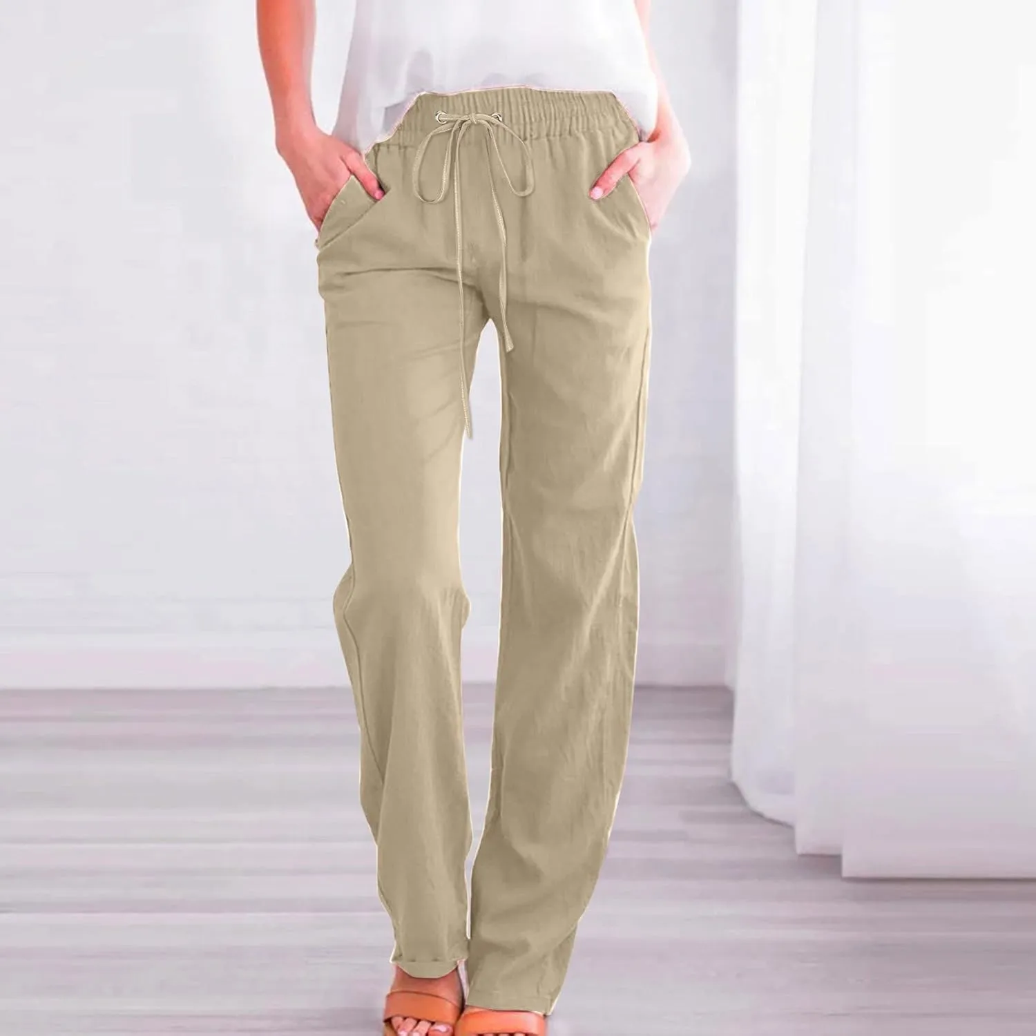 Straight Leg Pants For Women Long Cotton Linen Trouser Elastic High Waist Drawstring Loose Fit Palazzo Sweatpants