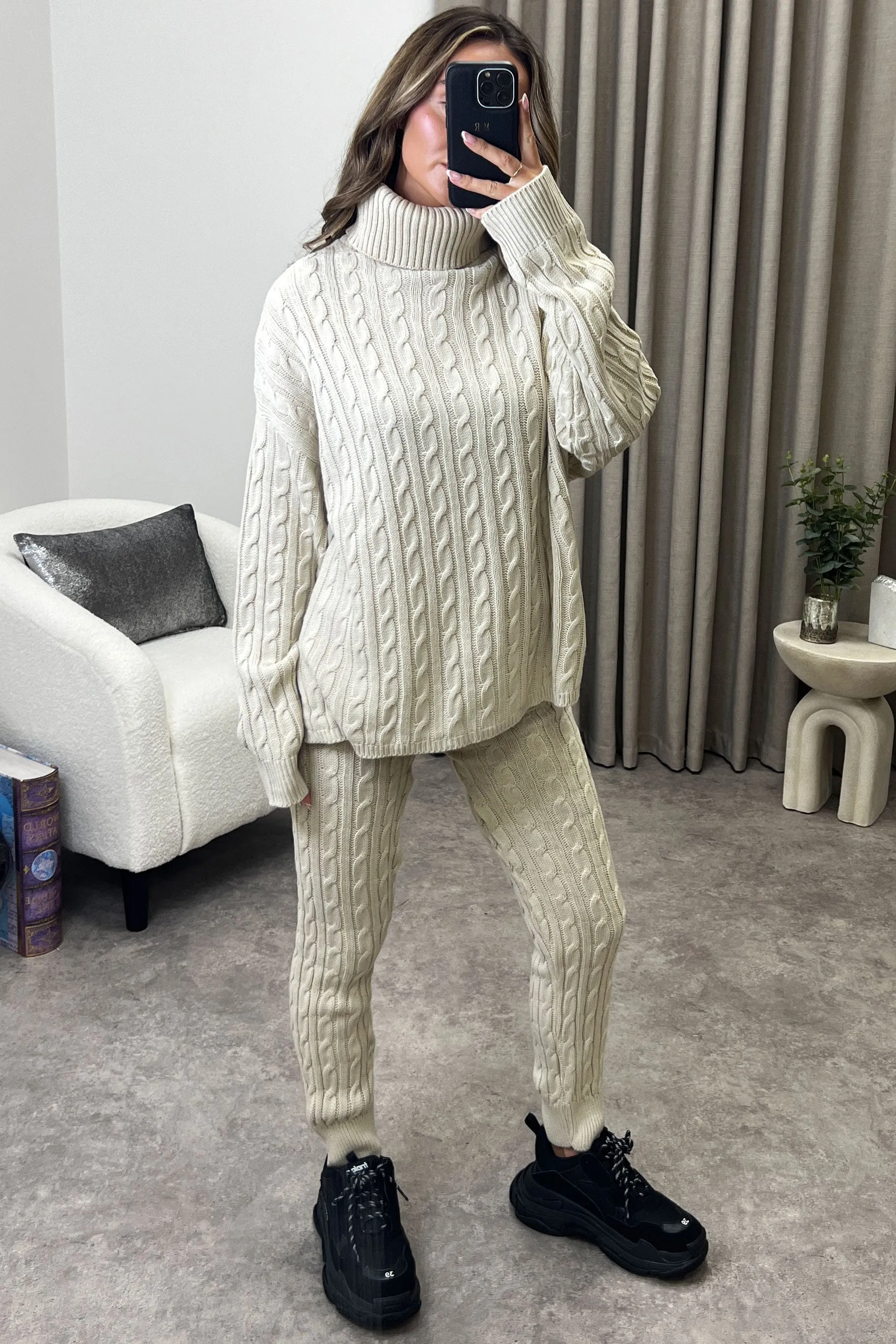 Toni Beige Cable Knit Oversized Roll Neck Co-Ord