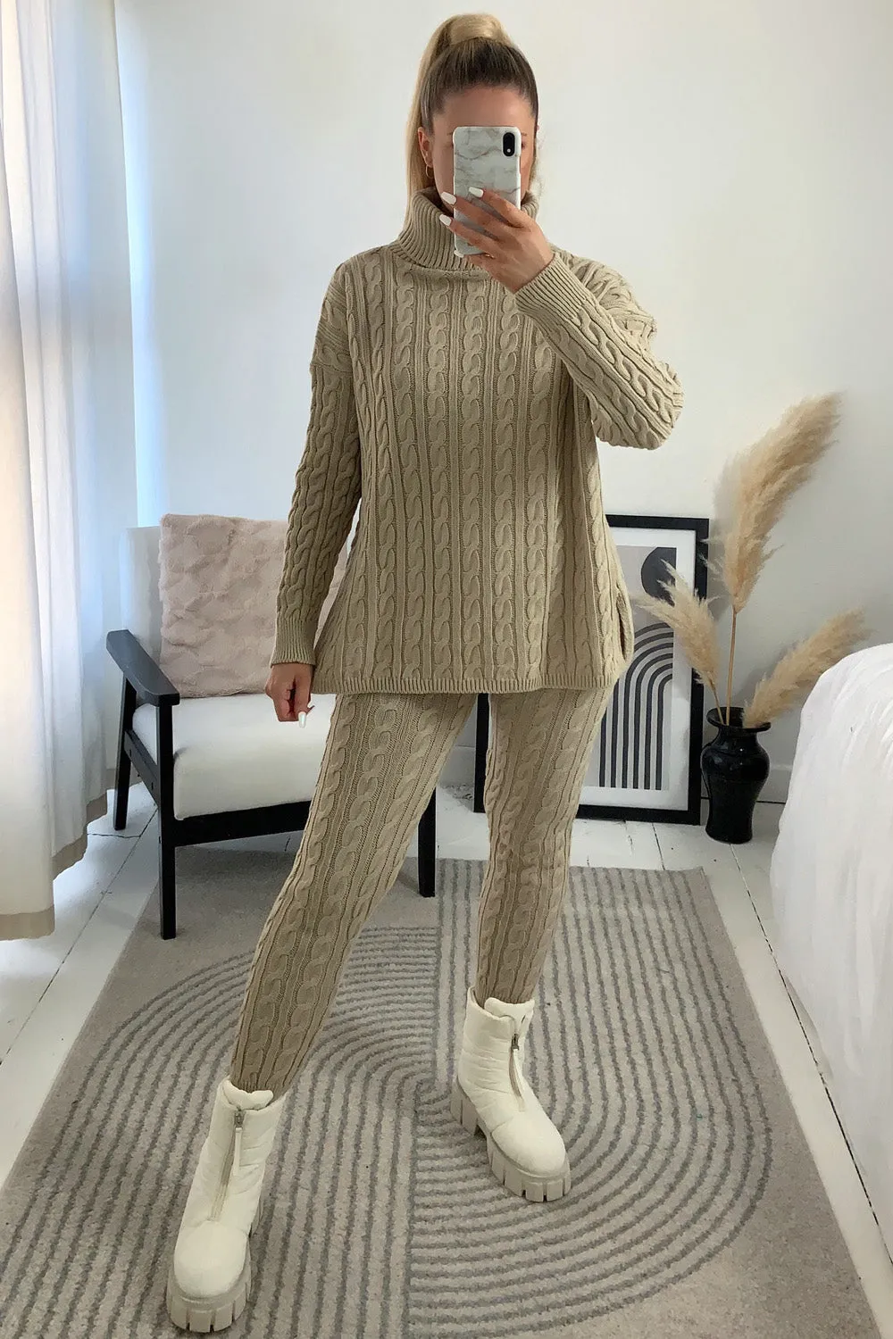 Toni Beige Cable Knit Oversized Roll Neck Co-Ord