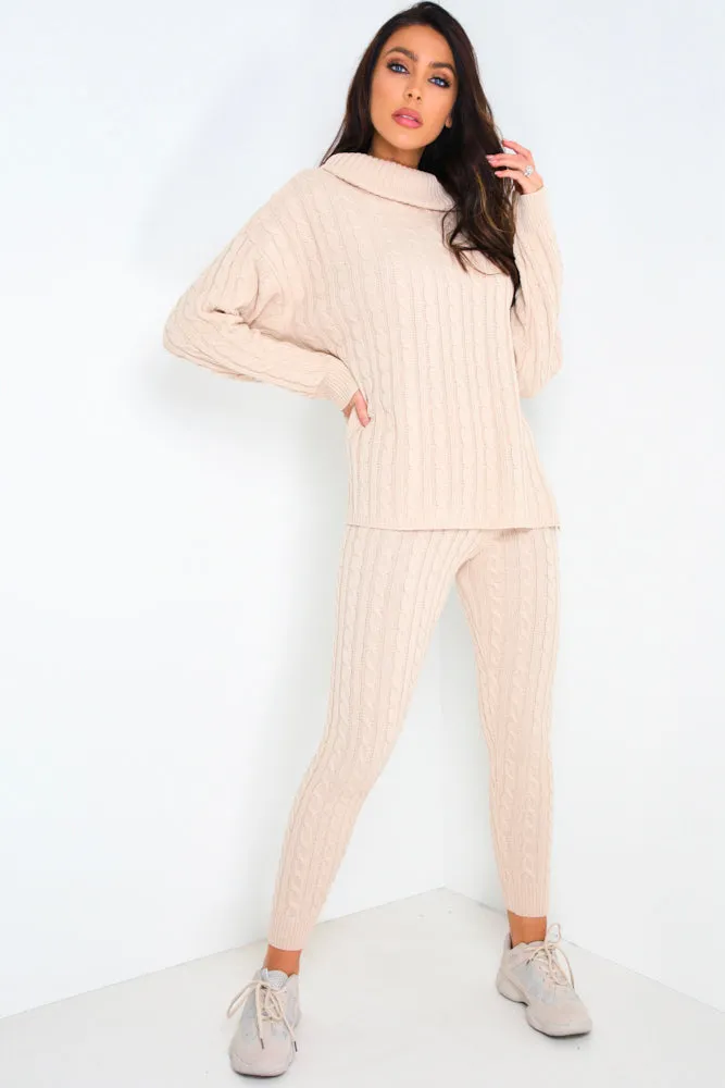 Toni Beige Cable Knit Oversized Roll Neck Co-Ord
