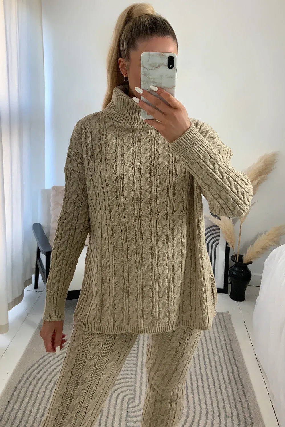 Toni Beige Cable Knit Oversized Roll Neck Co-Ord