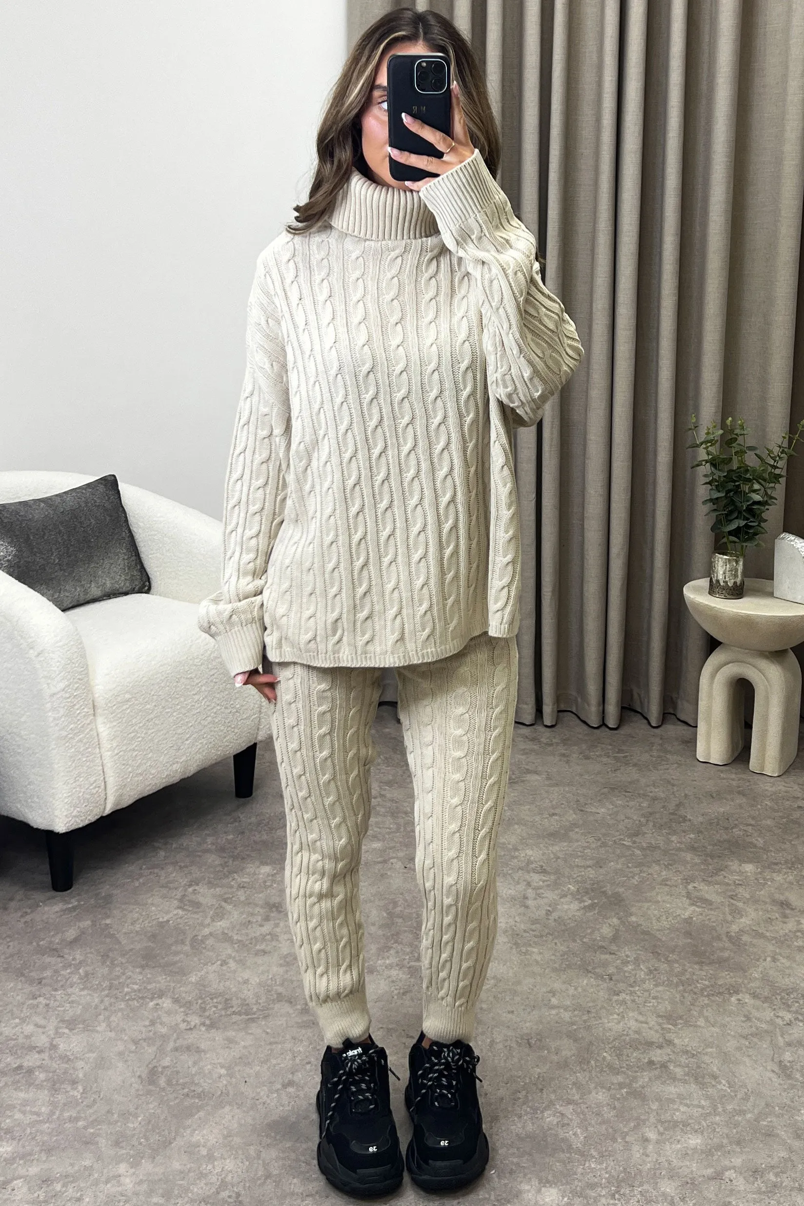 Toni Beige Cable Knit Oversized Roll Neck Co-Ord