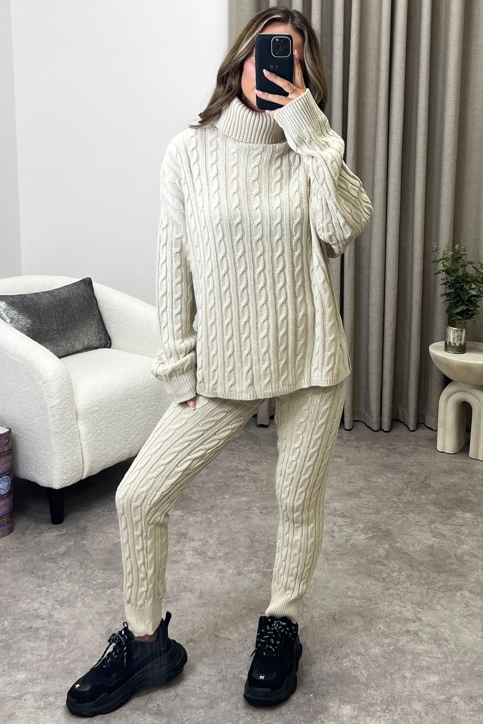 Toni Beige Cable Knit Oversized Roll Neck Co-Ord