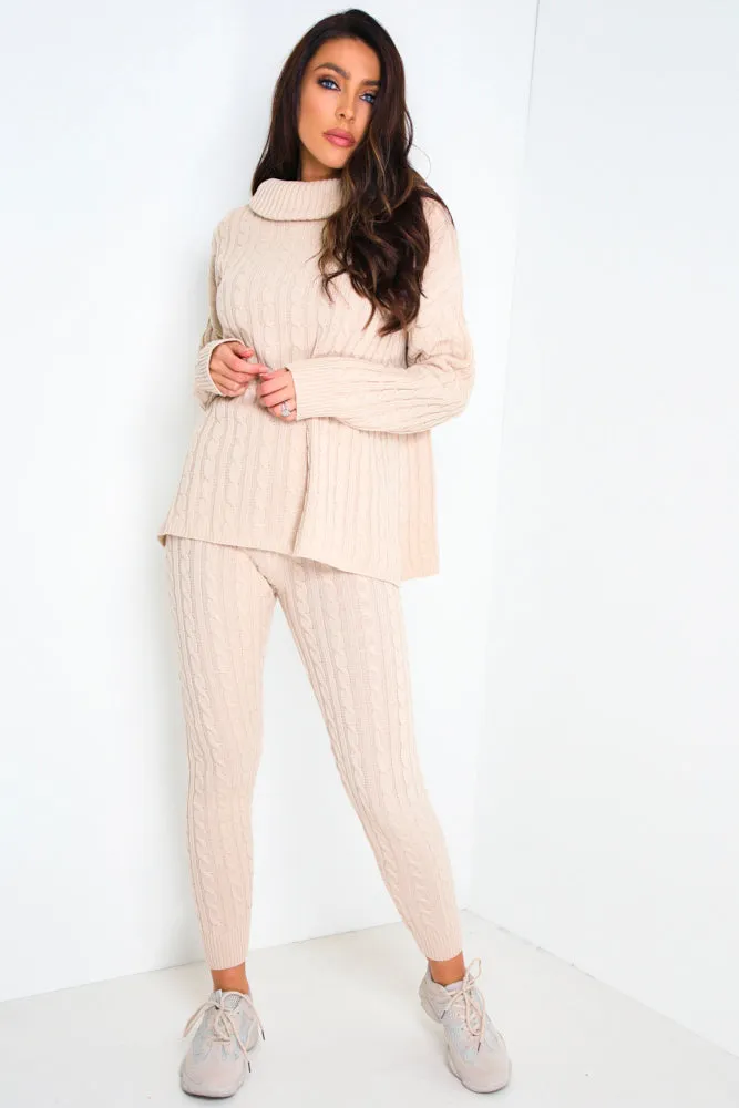 Toni Beige Cable Knit Oversized Roll Neck Co-Ord