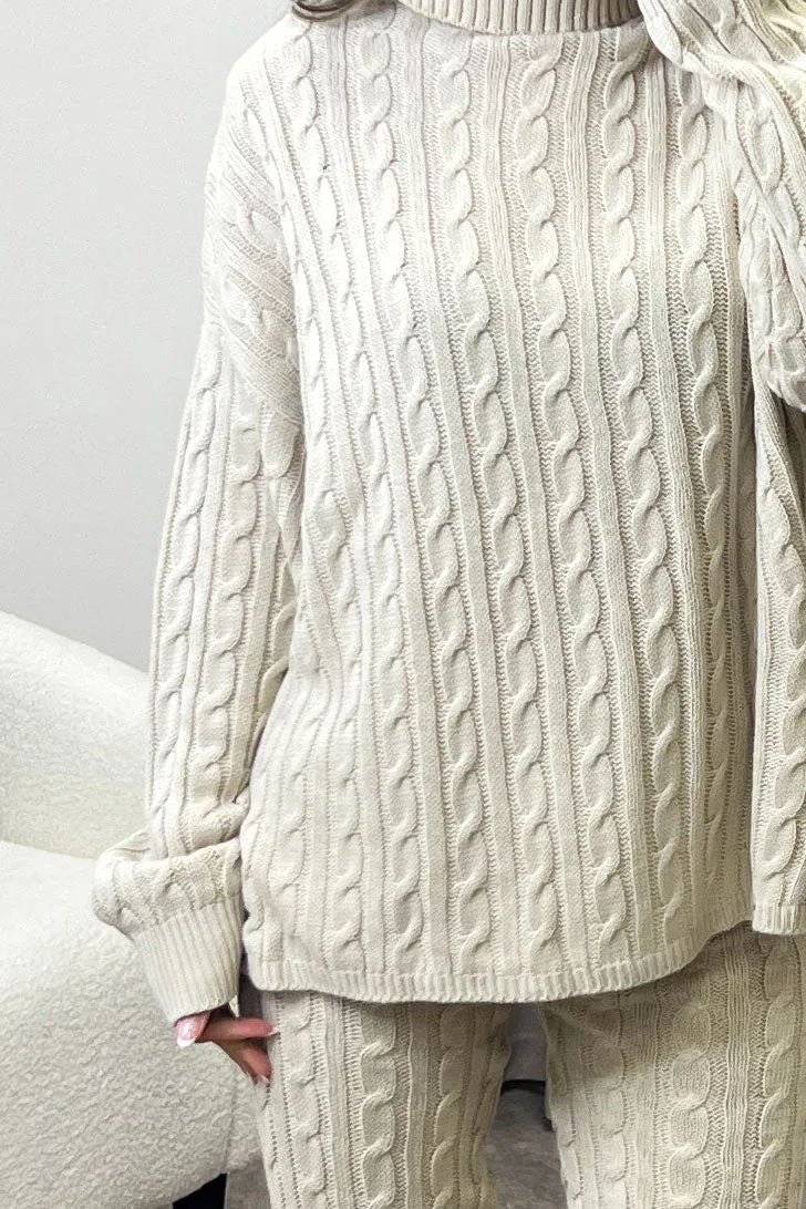 Toni Beige Cable Knit Oversized Roll Neck Co-Ord