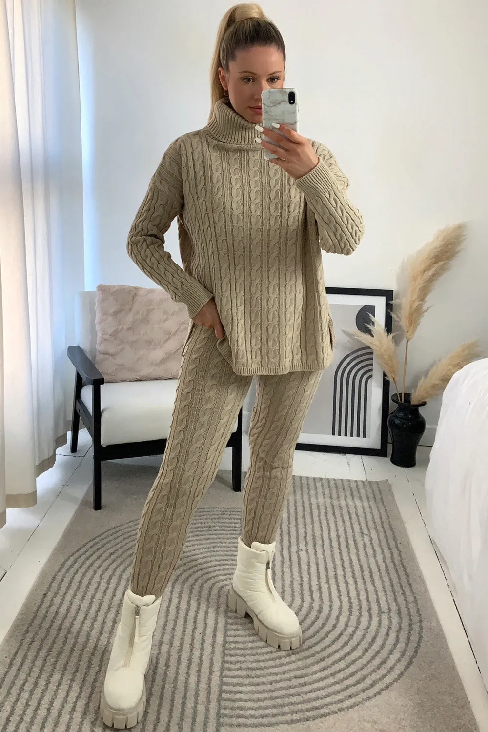 Toni Beige Cable Knit Oversized Roll Neck Co-Ord