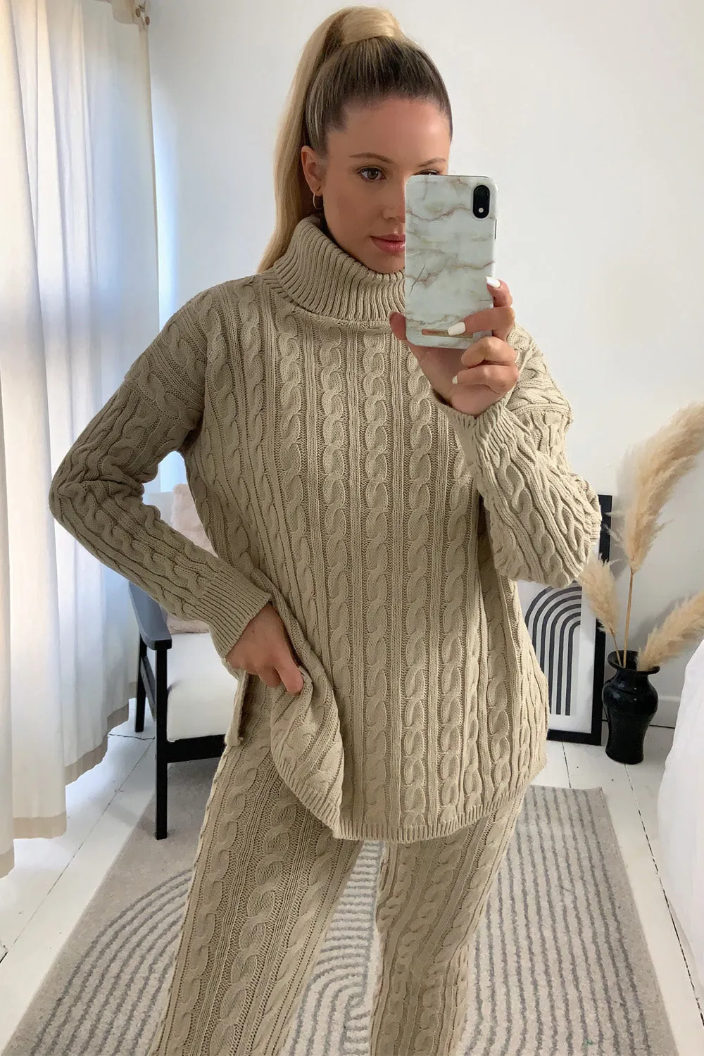 Toni Beige Cable Knit Oversized Roll Neck Co-Ord