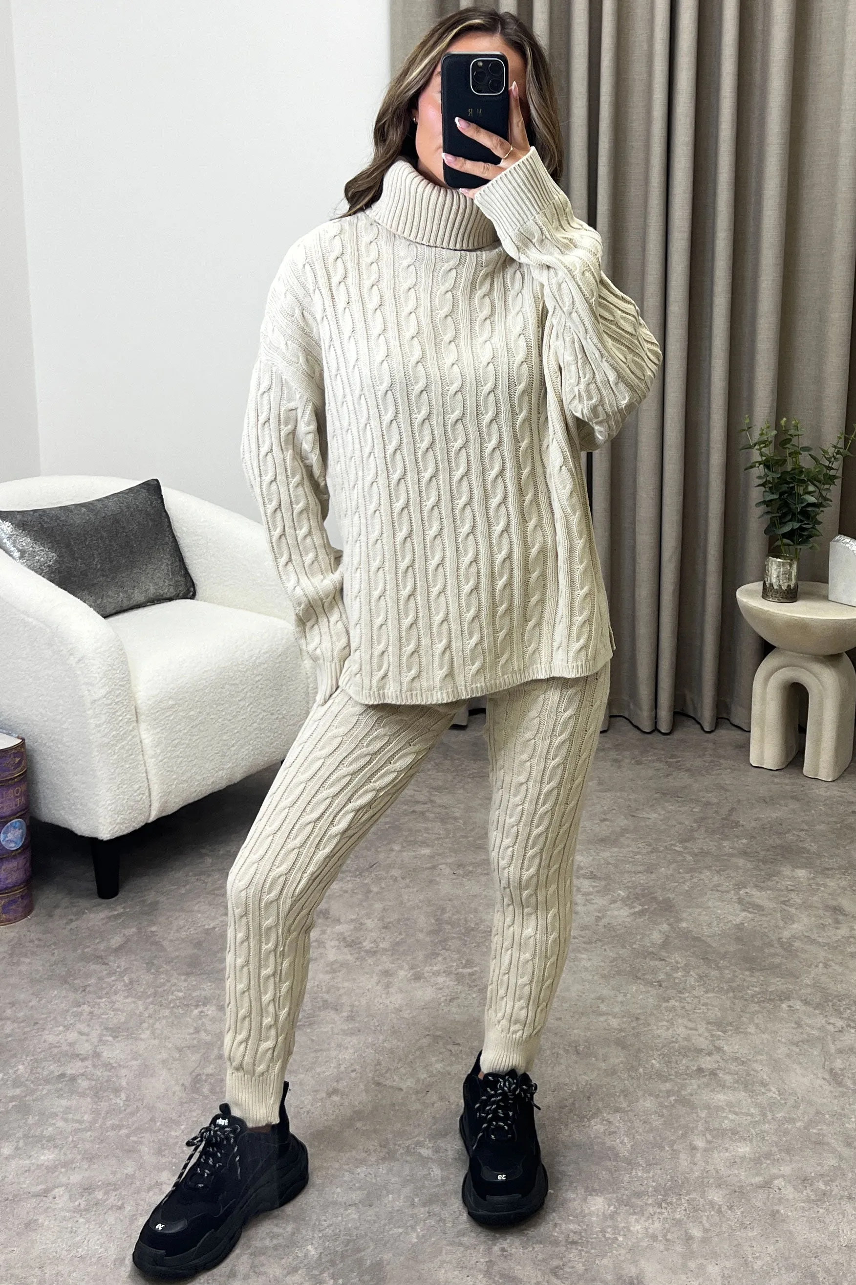 Toni Beige Cable Knit Oversized Roll Neck Co-Ord