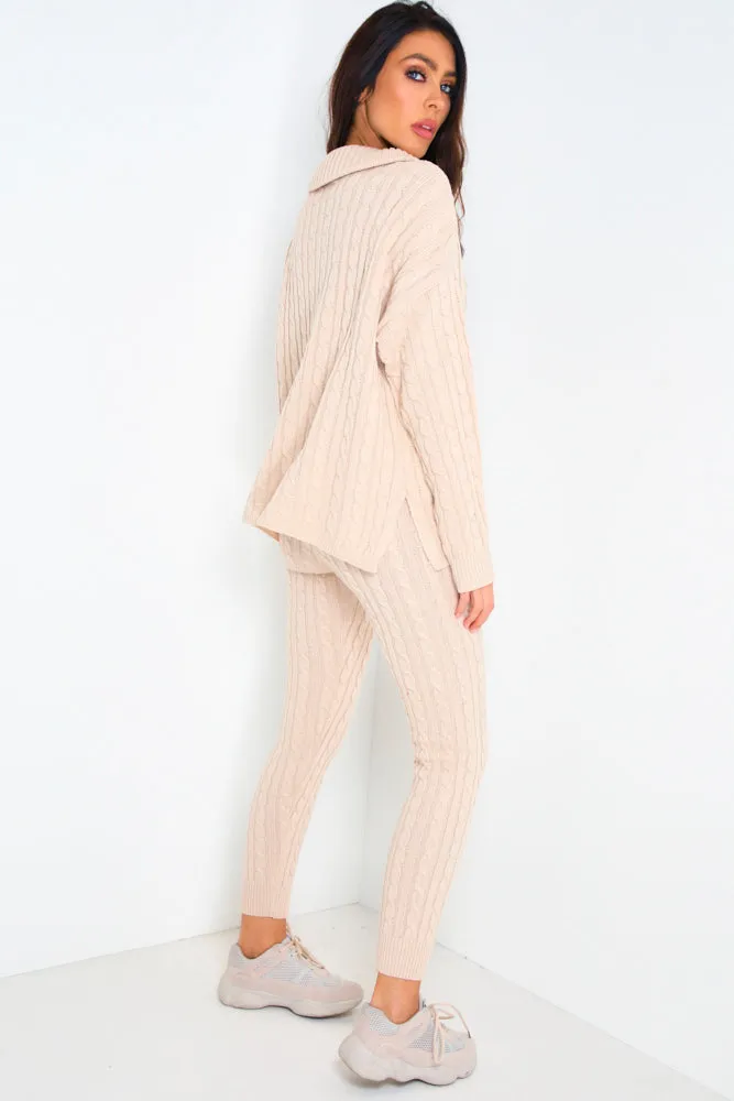 Toni Beige Cable Knit Oversized Roll Neck Co-Ord