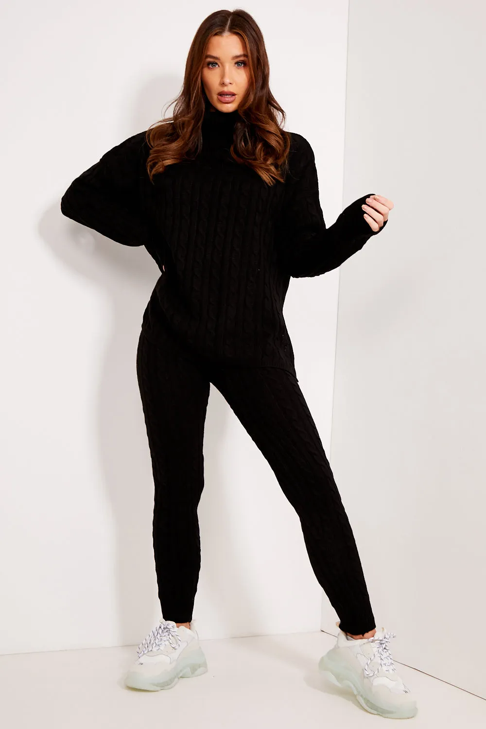 Toni Black Cable Knit Oversized Roll Neck Co-Ord