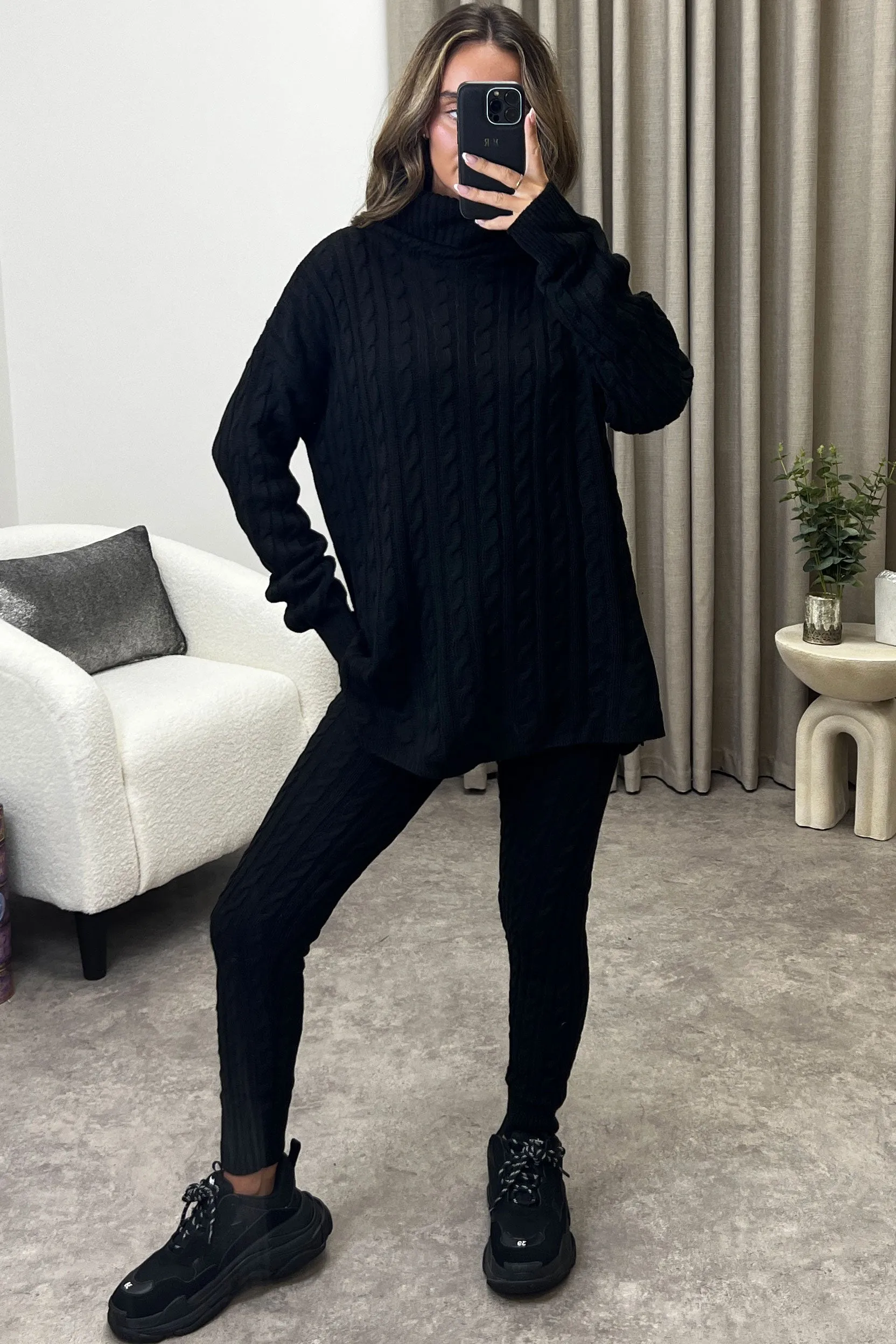 Toni Black Cable Knit Oversized Roll Neck Co-Ord