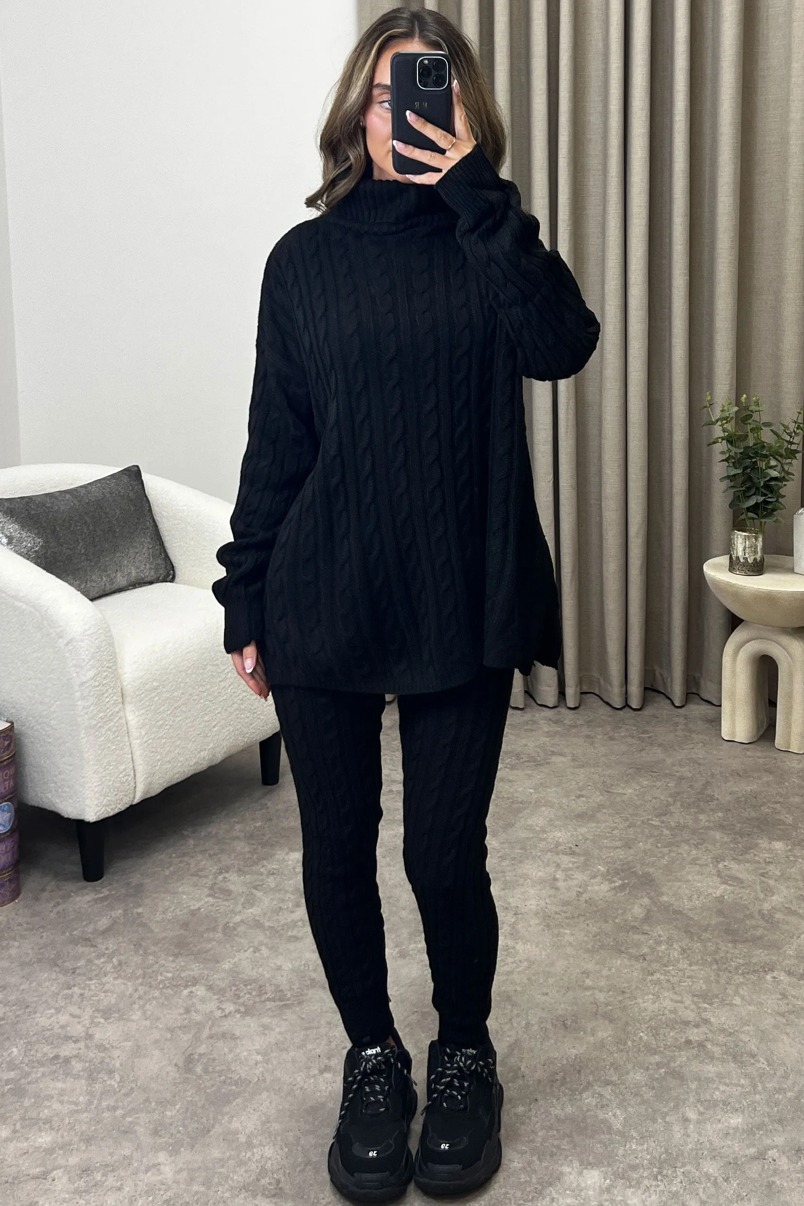 Toni Black Cable Knit Oversized Roll Neck Co-Ord