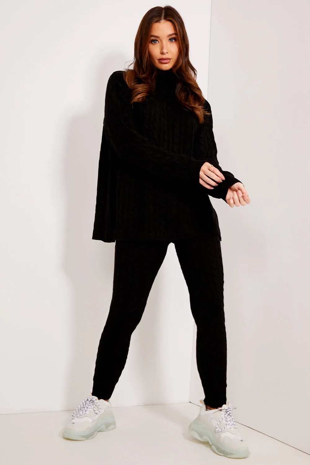 Toni Black Cable Knit Oversized Roll Neck Co-Ord