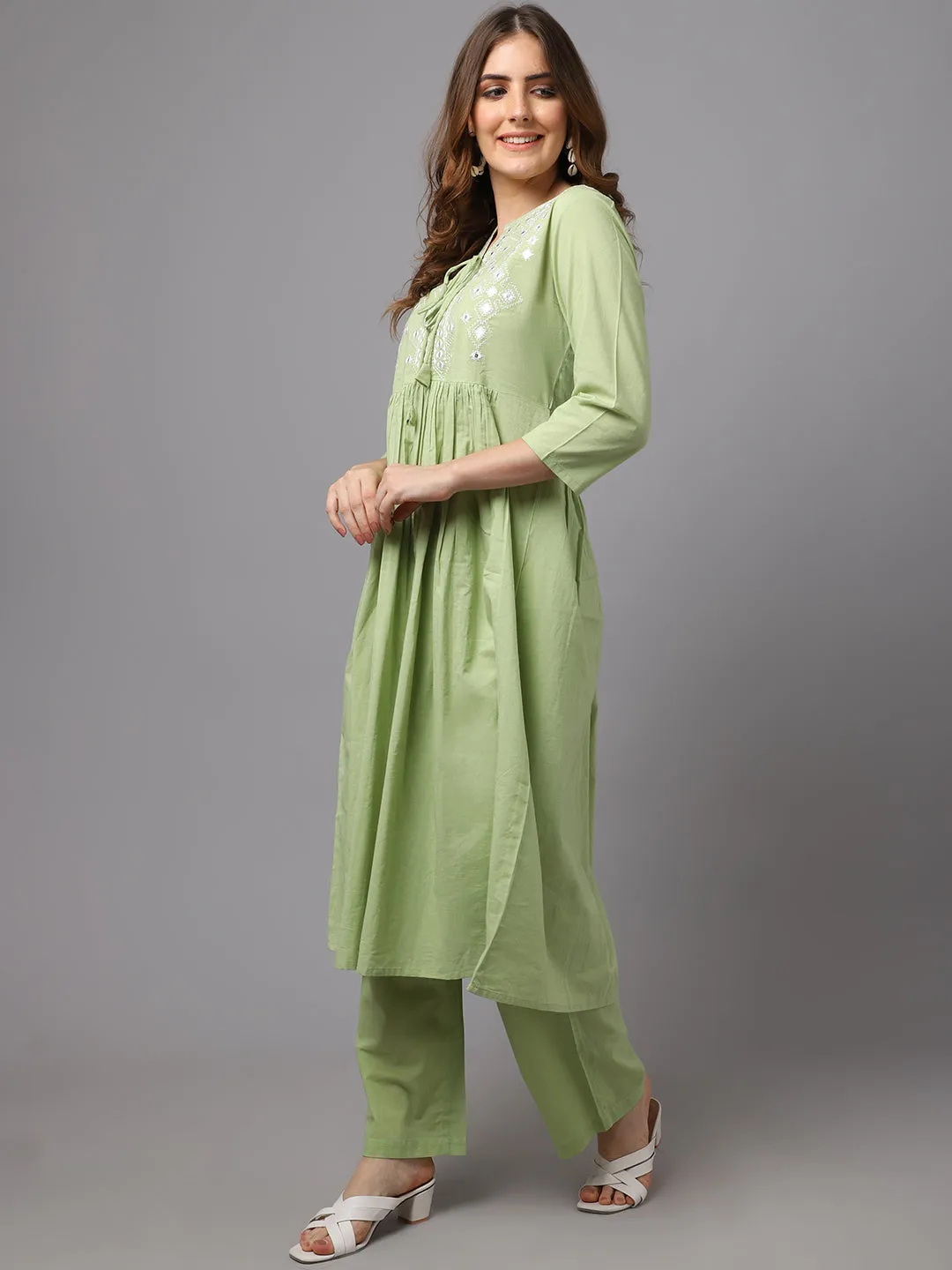 Women Lemon Green Mirror Work Kurta Set
