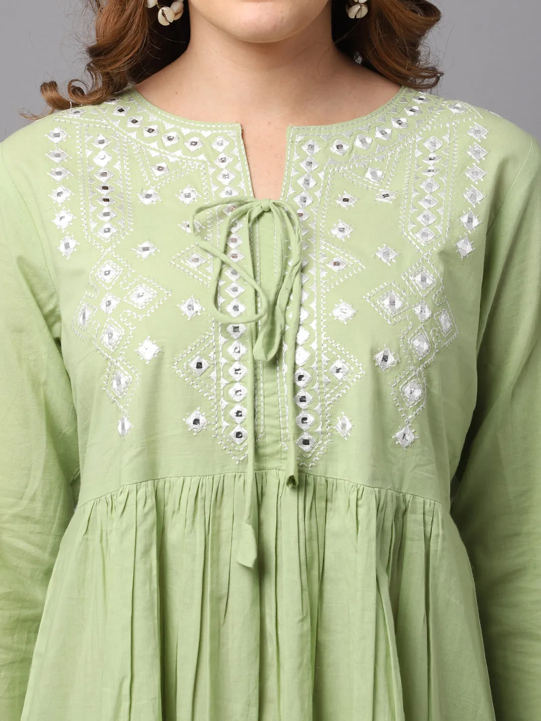 Women Lemon Green Mirror Work Kurta Set
