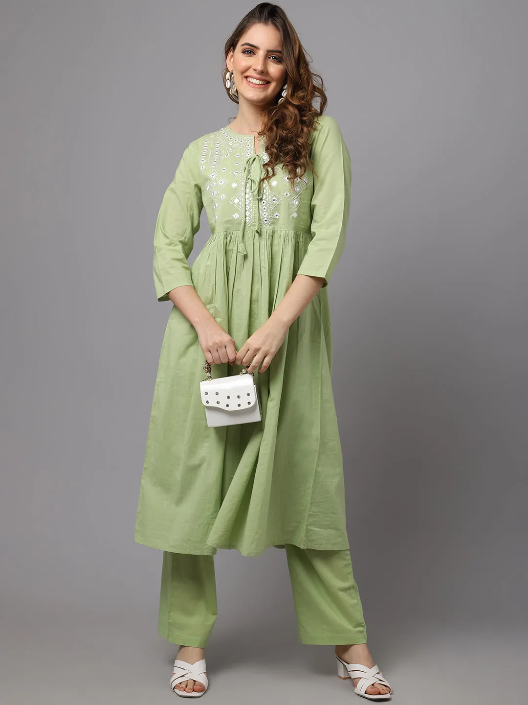 Women Lemon Green Mirror Work Kurta Set