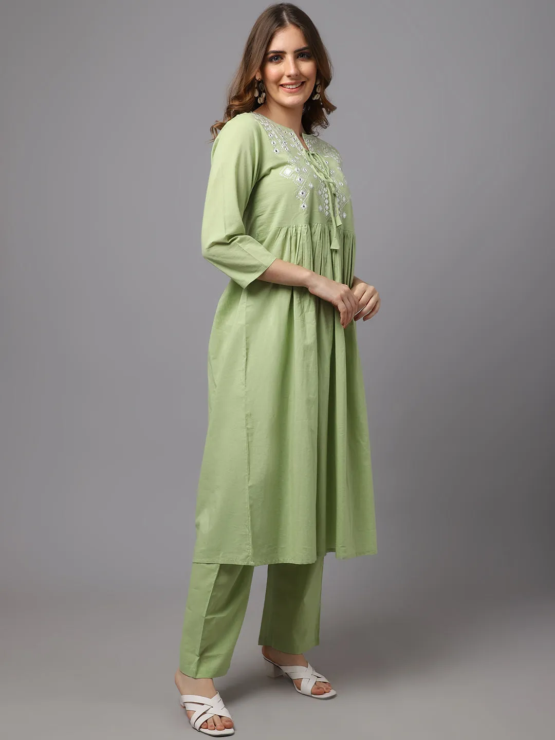 Women Lemon Green Mirror Work Kurta Set