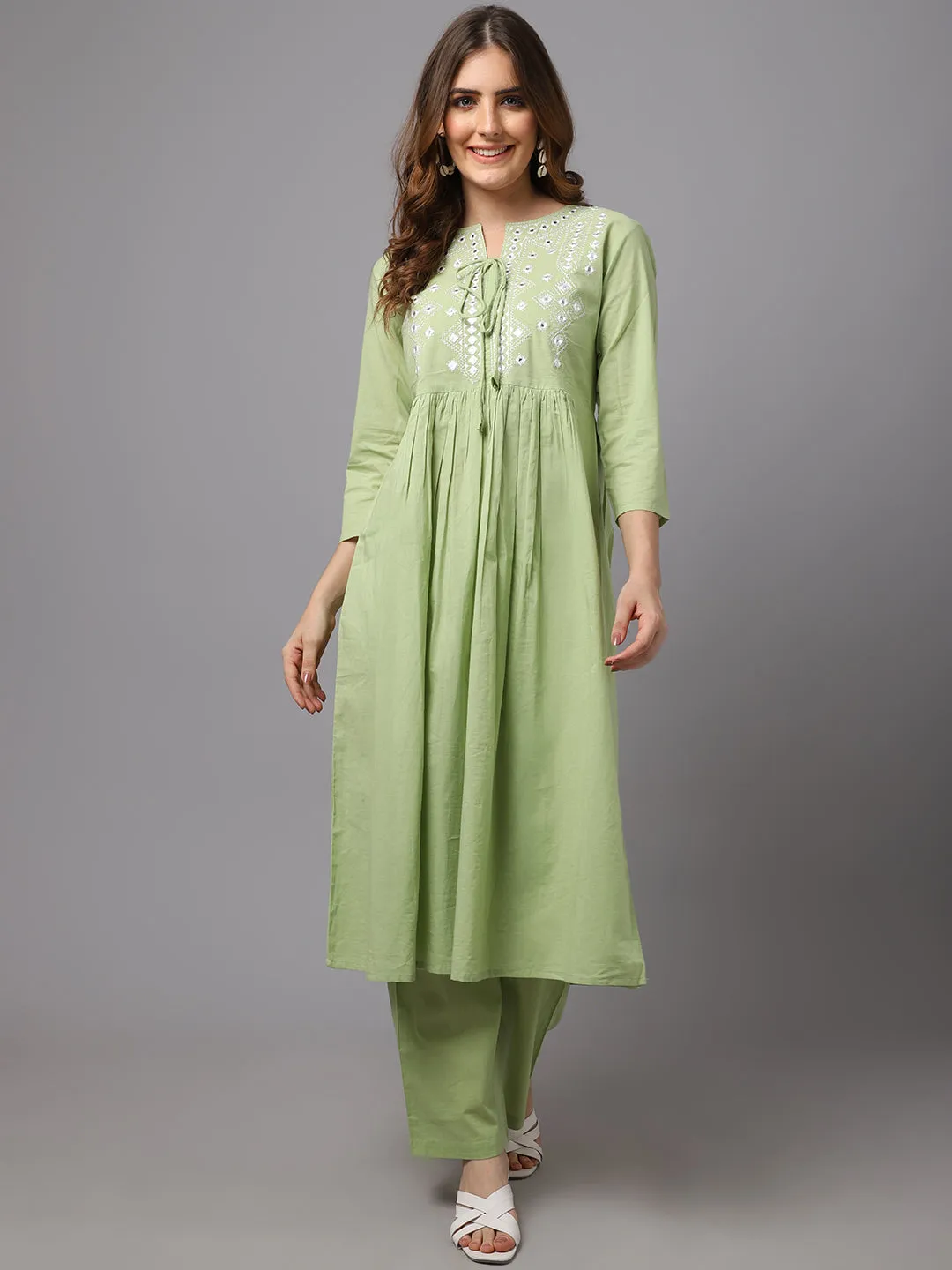 Women Lemon Green Mirror Work Kurta Set