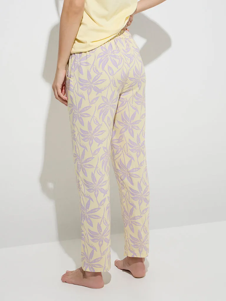Wunderlove Yellow Floral Patterned Mid-Rise Lounge Pants
