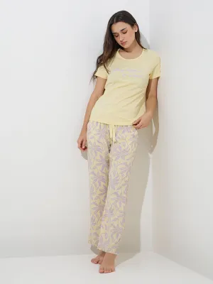 Wunderlove Yellow Floral Patterned Mid-Rise Lounge Pants