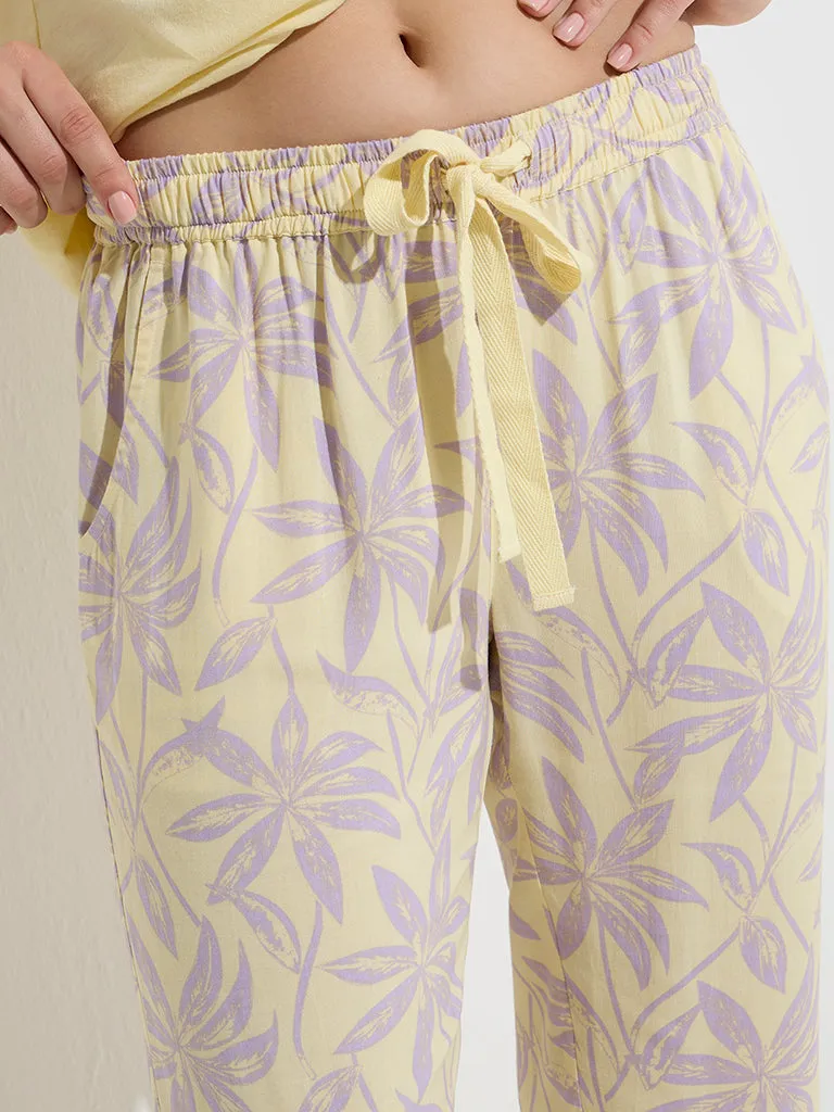 Wunderlove Yellow Floral Patterned Mid-Rise Lounge Pants
