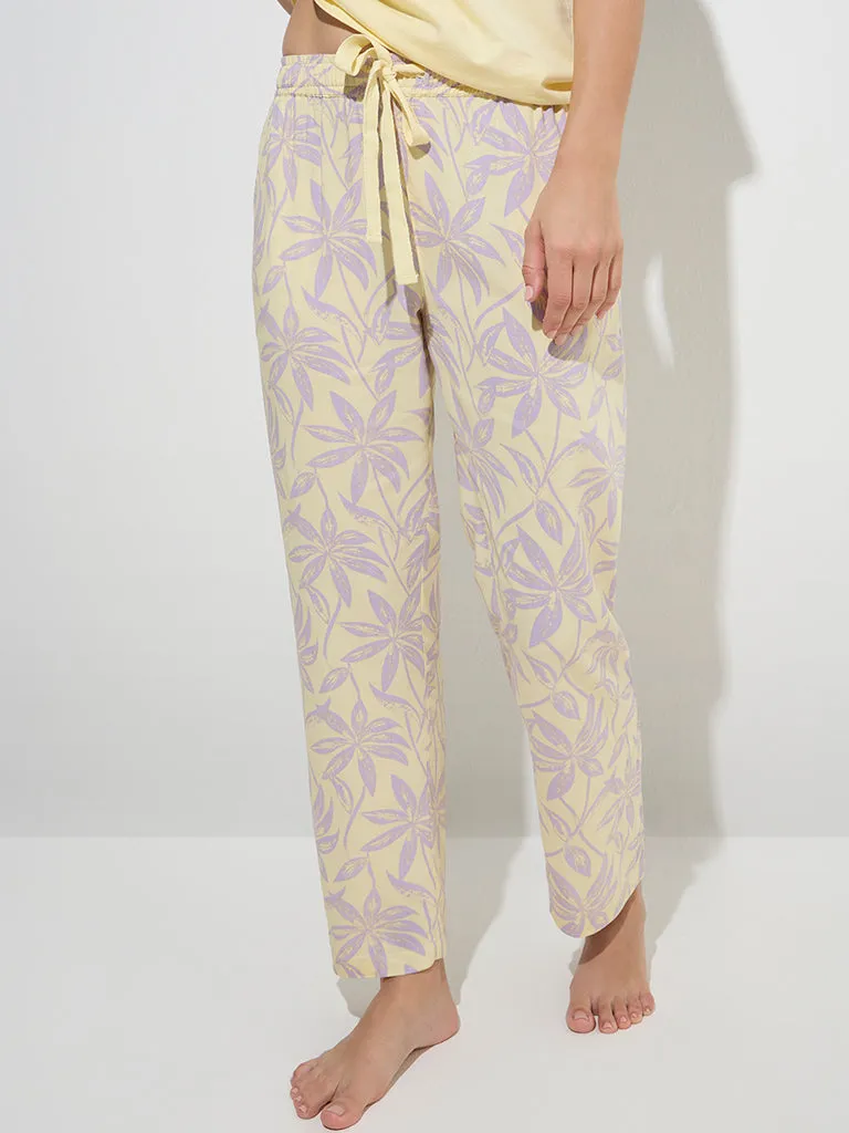 Wunderlove Yellow Floral Patterned Mid-Rise Lounge Pants